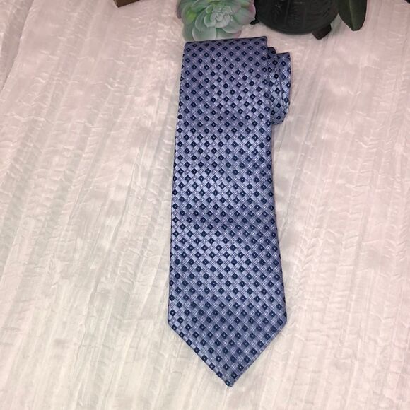 Jones NY Light Blue Navy White Tiny Squares Textured Silk Tie - Picture 1 of 8